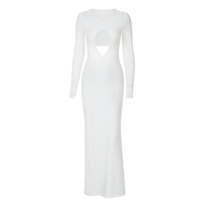 Cutout Slim Pleated Solid Color Long Sleeve Dress