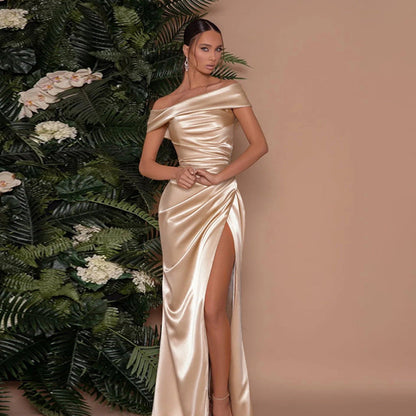Mercerized Off The Shoulder Gown Split Socialite Split Maxi Dress