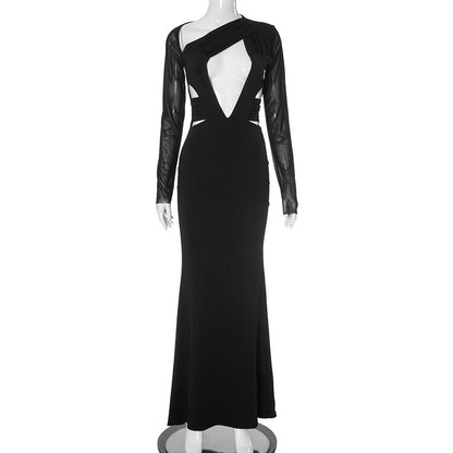 Fall Mesh Stitching Long Sleeves Cutout Waist Slimming Maxi Dress