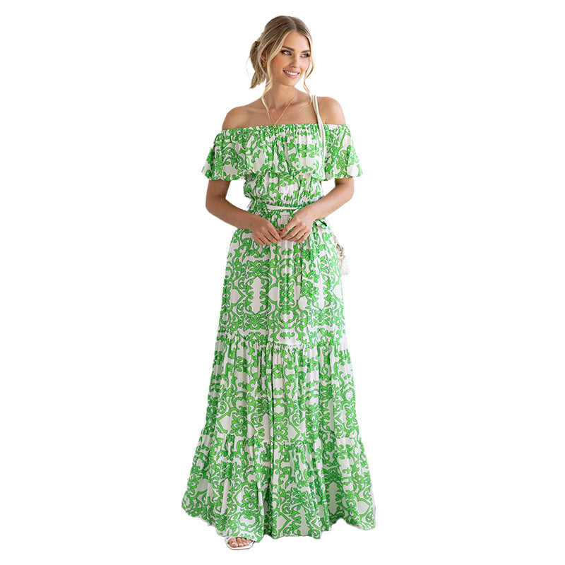 Floral-Print off Shoulder Ruffle Sleeve Elegant Large Swing Dress Dress