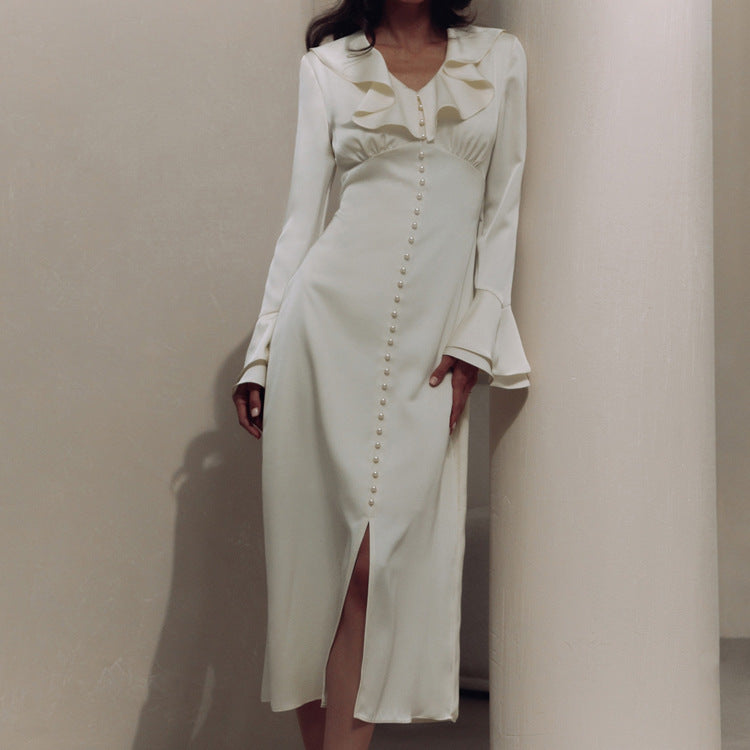 French Ruffled V neck Bell Sleeve Single Breasted Elegant Slim Dress for