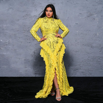 Long Long Sleeve round Neck Cocktail Sequined Fishtail Evening Dress Dress