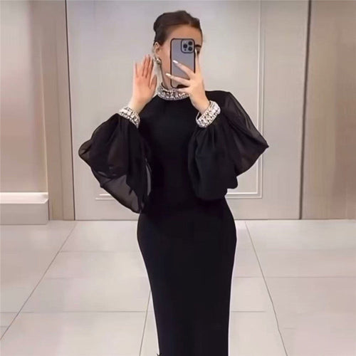 Light Luxury Diamond Stitching Mesh Lantern Sleeve Bandage One Piece Dress Hepburn Socialite Formal Dress