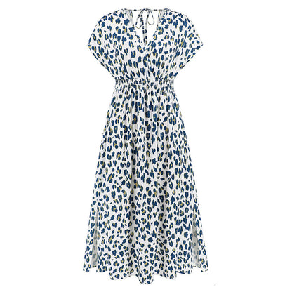 Fashionable Batwing Sleeve V neck Backless Lace up Dress Printed
