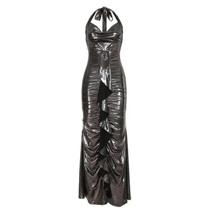 Elegant Glossy Backless Lace up Swing Collar Slim Fit Sheath Mop Dress