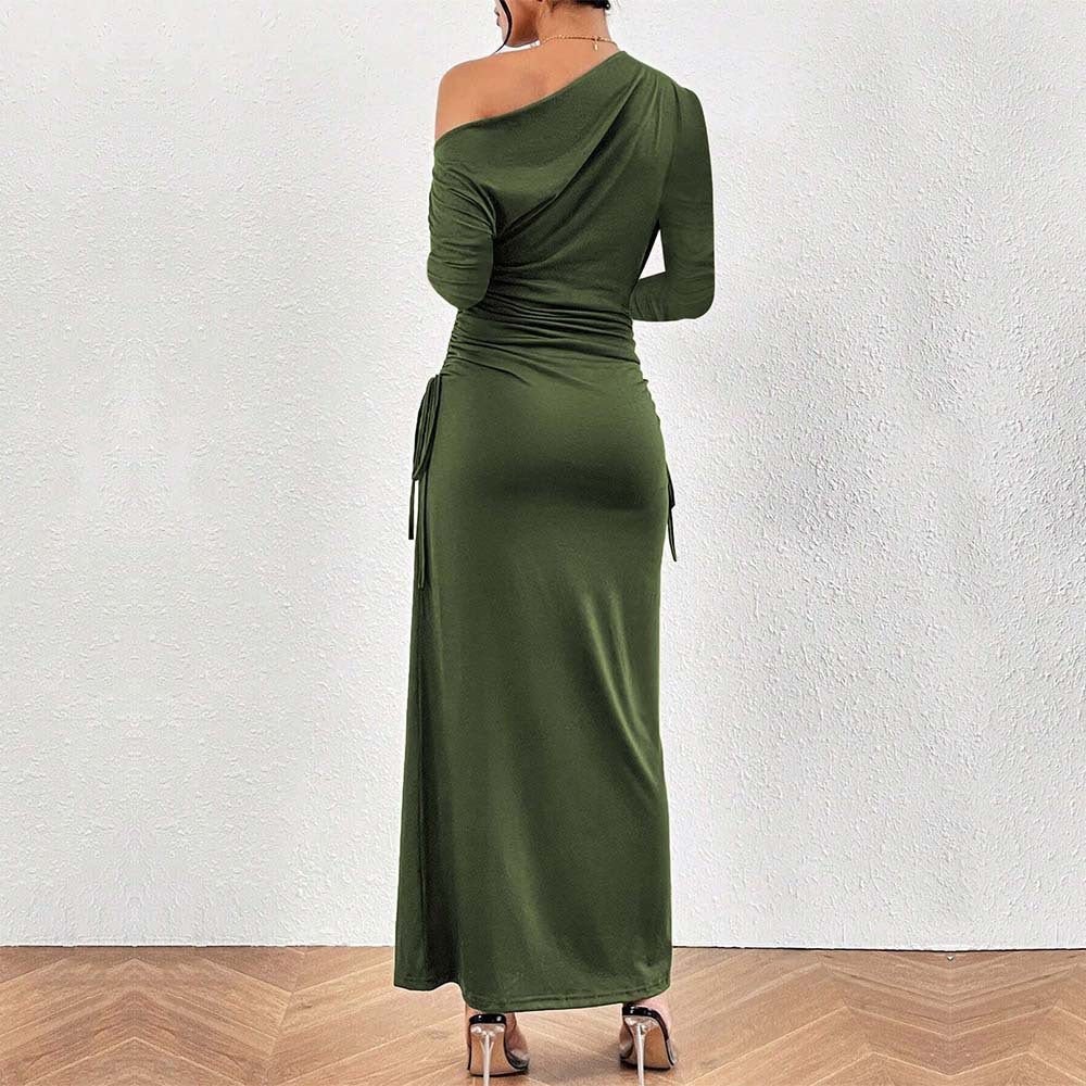 French Diagonal Collar  Unique Design High Waist Dress