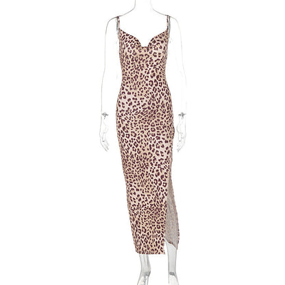 Leopard Print Sling Slim Fit Backless Split Dress