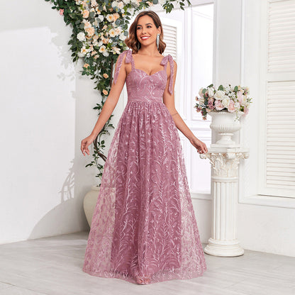 Embroidery Pattern Tied V neck U Back Zipper Large A Hem Full Lining Party Evening Dress