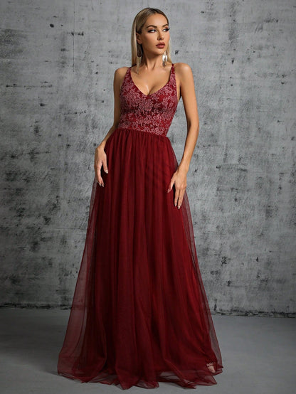 Elegant Suspender Evening Dress V neck A line Long Party Evening Dress Annual Meeting Catwalk Dress
