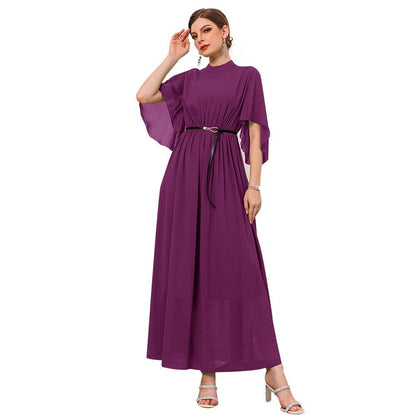Middle East Muslim Wear High Neck Bell Sleeve Solid Color Dress