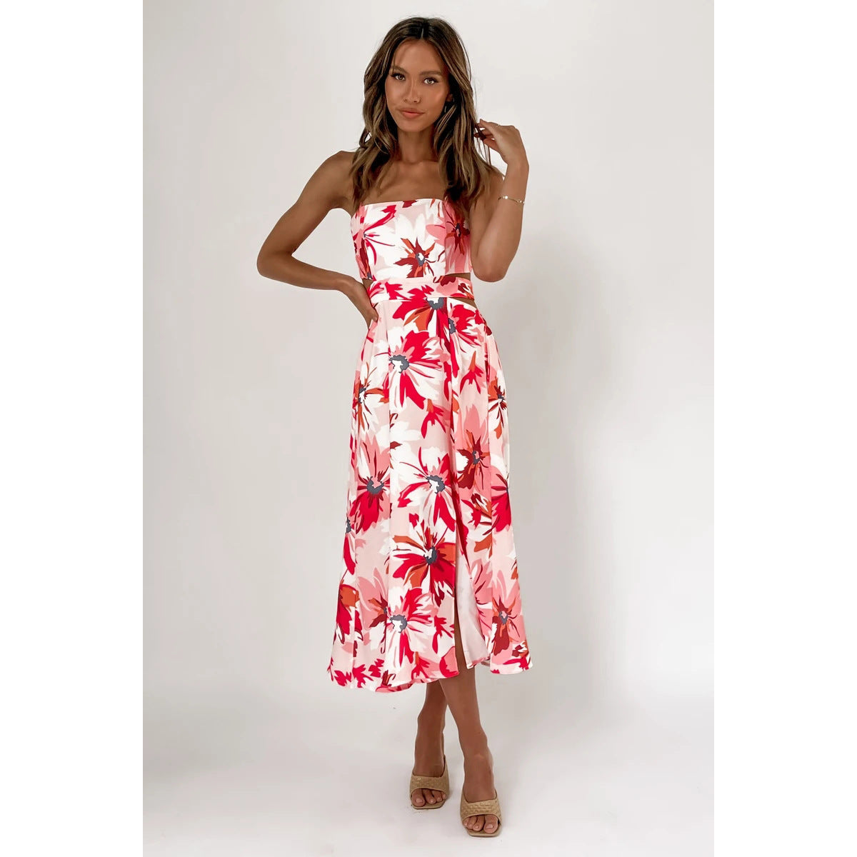 Digital Floral Print Fresh Vestidos Sweet Back Lace-up Estampado Floral Dress