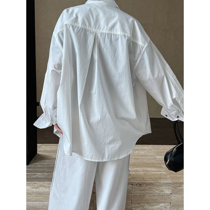 Minimalist All Match Cotton Long-Sleeved Shirt Bandage Dress Polo Collar Top Coat