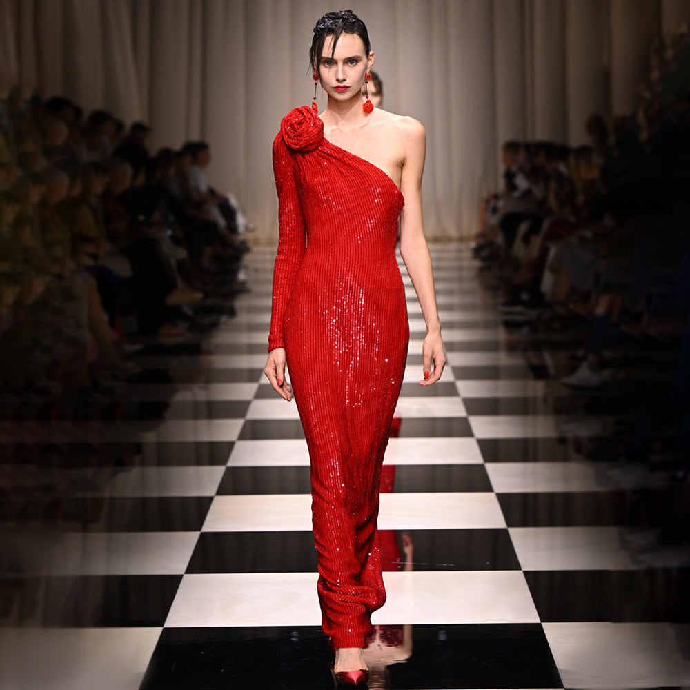 Christmas Red Three-Dimensional One Shoulder Floral Sequin Formal Dress Stretch Dress Winter