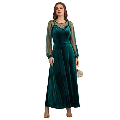 Long Sleeve round Collar Gauze Lace Velvet Cami Dress
