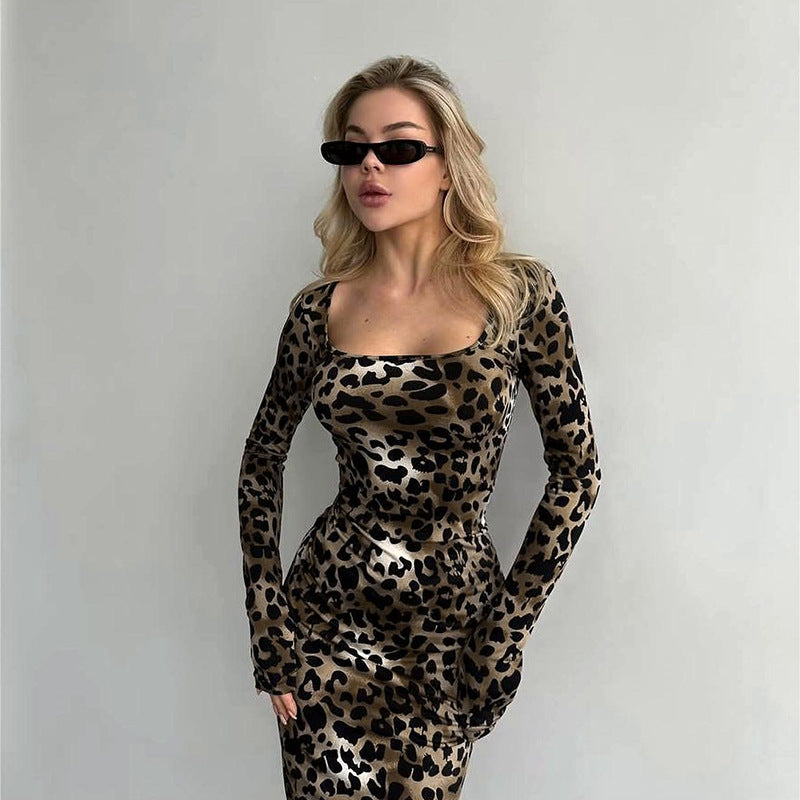 Leopard Print Basic Square Collar Long Sleeve SocialiteElegant Sheath Dress