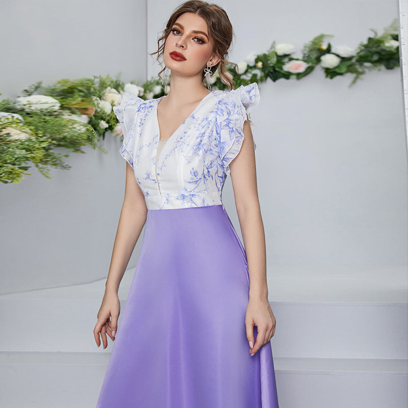 High Waist V neck Petal Sleeve Digital Printing Stitching Dress