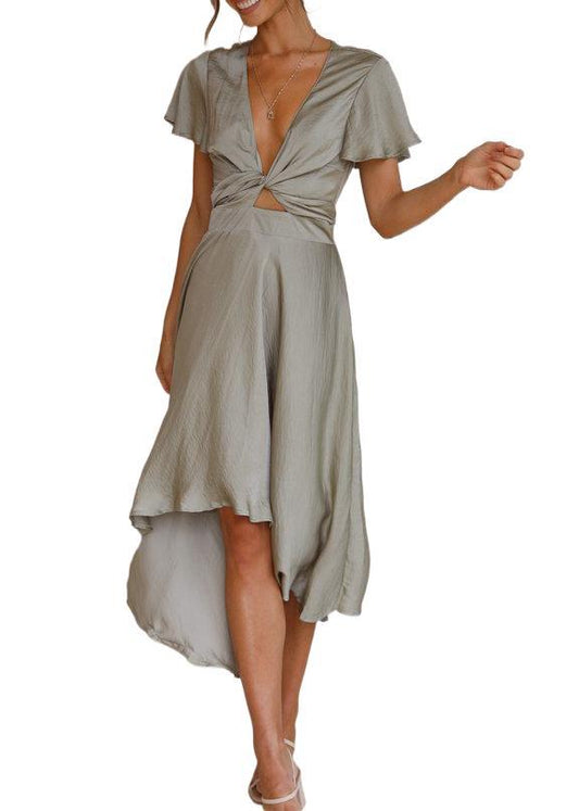 Elegant Short Sleeve V-neck Asymmetric Dress