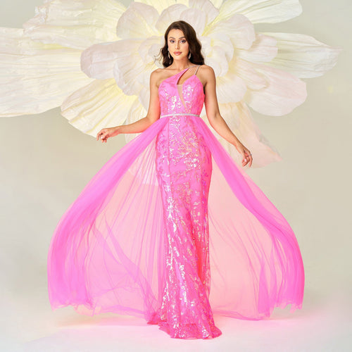High End One Shoulder Diagonal Collar Sequin Gauze Cocktail Evening Dress Bridesmaid