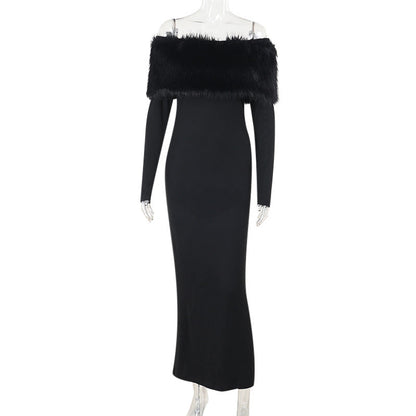 Maxi Dress Elegant off Shoulder Fur Collar Slim Fit