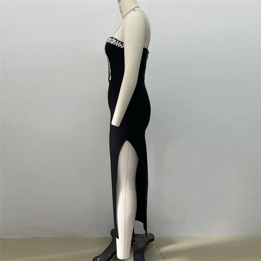 Fall Tube Top Diamond Bandage Dress Side Split Hip Wrapped Dress Dress