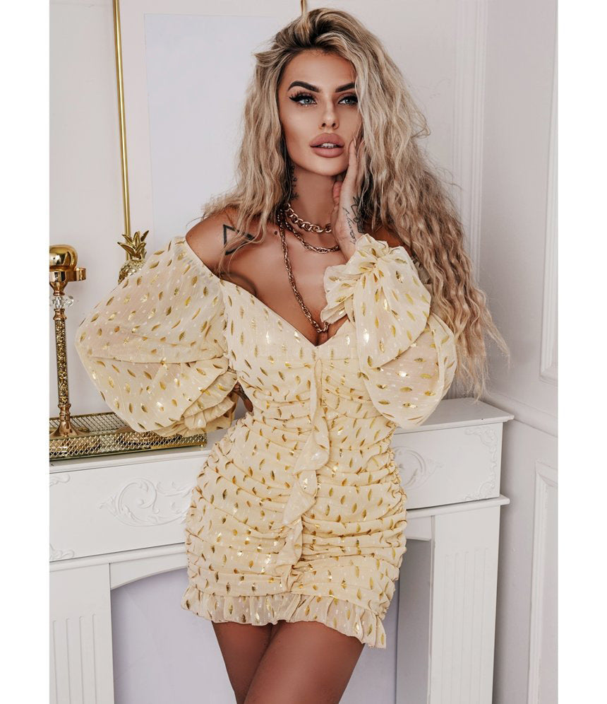 Long Sleeve V neck Dress Hip Wrapped Mid Length Dress