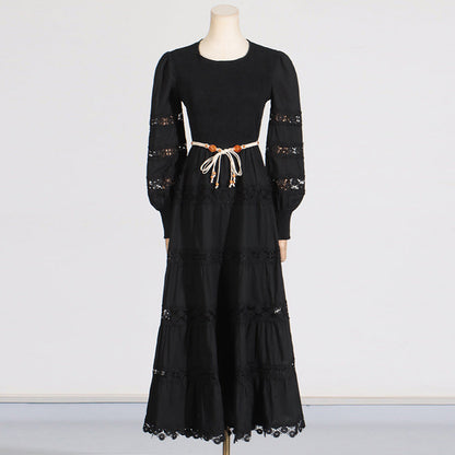 High Grade Dress Hollow Out Cutout out Tied Solid Color Waist Tight Slimming