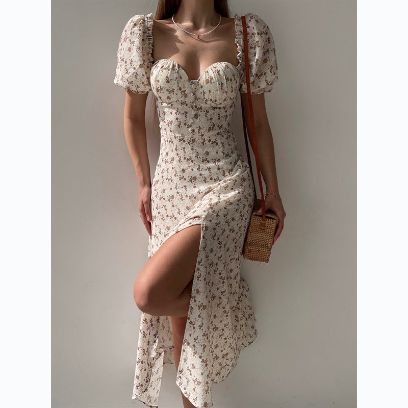 Internet Small Floral Print Waist-Tight Mid-Length Dress