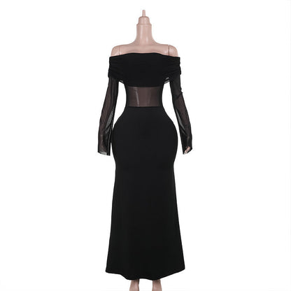 Fall Maxi Dress Elegant Slim off Shoulder Mesh