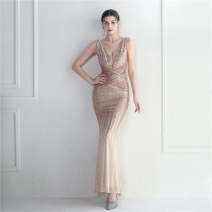 Craft Beaded Sequined Car Model Exhibition Host Dinner Long Evening Dress Fishtail Dress