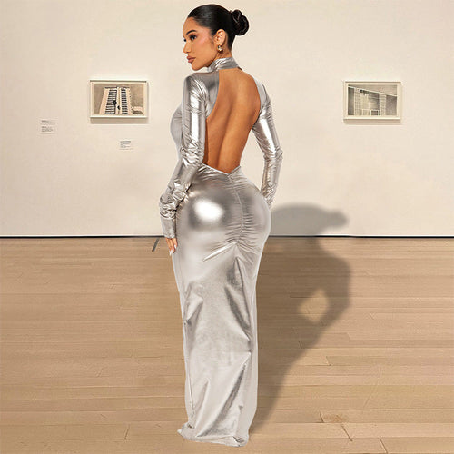 Metallic Backless Skinny Slimming Slim Metallic Coated Fabric Dress