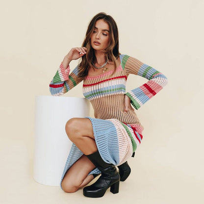 Colorful Contrast Color U Collar Hollow Out Cutout Long-Sleeved Knitted Dress