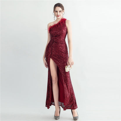 HNailed Ostrich Feather Off Shoulder Roman Collar High End Sequined Evening Dress