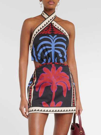 Halter Positioning Print Holiday Beach Dress