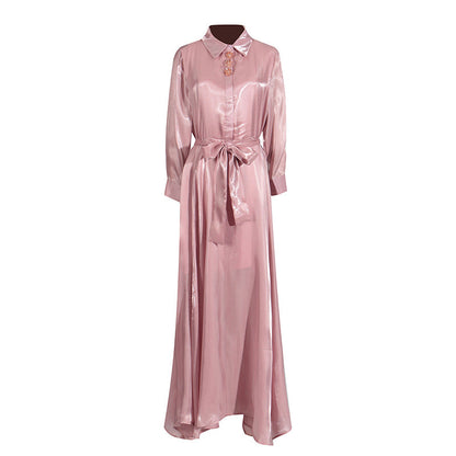GracefulCasual Dress  Polo Collar Gilding Glossy Waist Tight Maxi