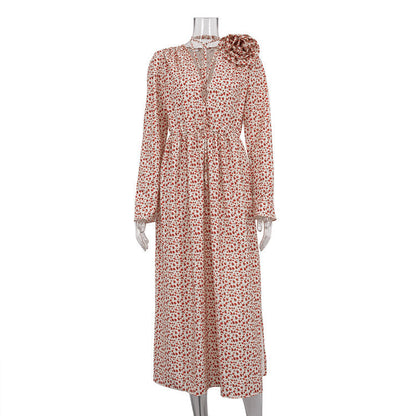 Early Floral Dress Deep V Plunge-neck Lace Up Waist Side Slit Dress