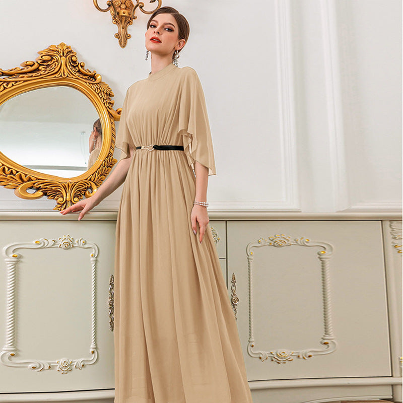 Middle East Muslim Wear High Neck Bell Sleeve Solid Color Dress