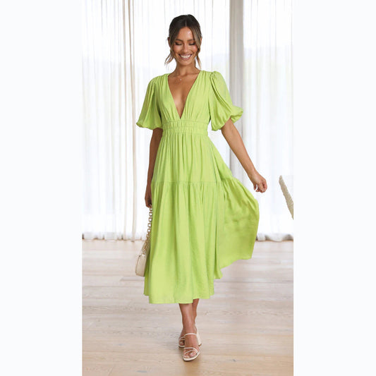 Casual Trends V neck Tight Waist Mid Length Dress