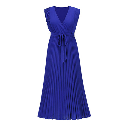 Elegant Beach DressSlim Fit Ruffle Sleeve Chiffon Pleated Solid Color Dress