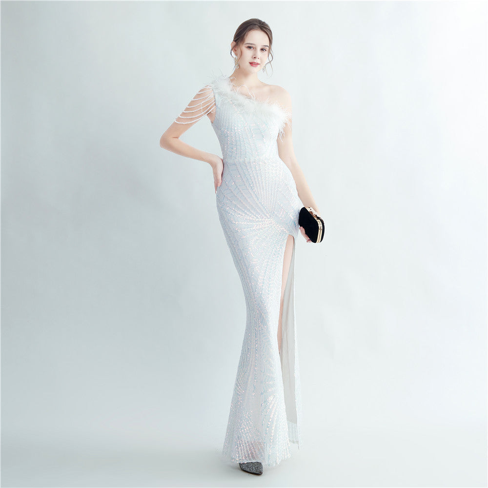 High Density Lamination Sequin Craft Order Ostrich Hair Beaded Oblique Shoulder High End Evening Dress