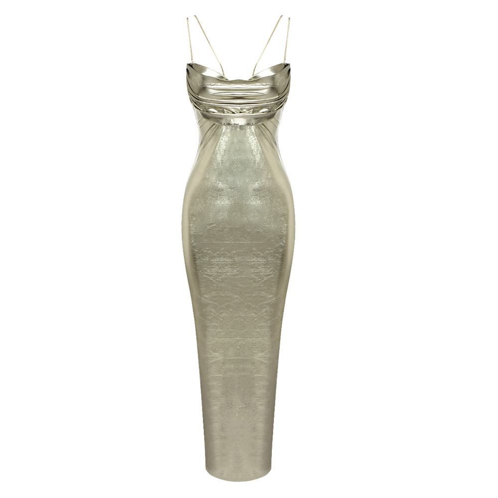 Metallic Coated Fabric Bronzing Color Sling Backless Dress Texture Pile Collar Strapless Dress Backless Nightclub