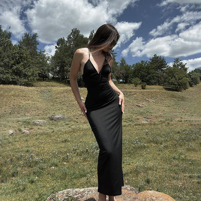 Fall Back Shaping Sling Vacation Deep V Plunge Neck Backless Maxi Dress