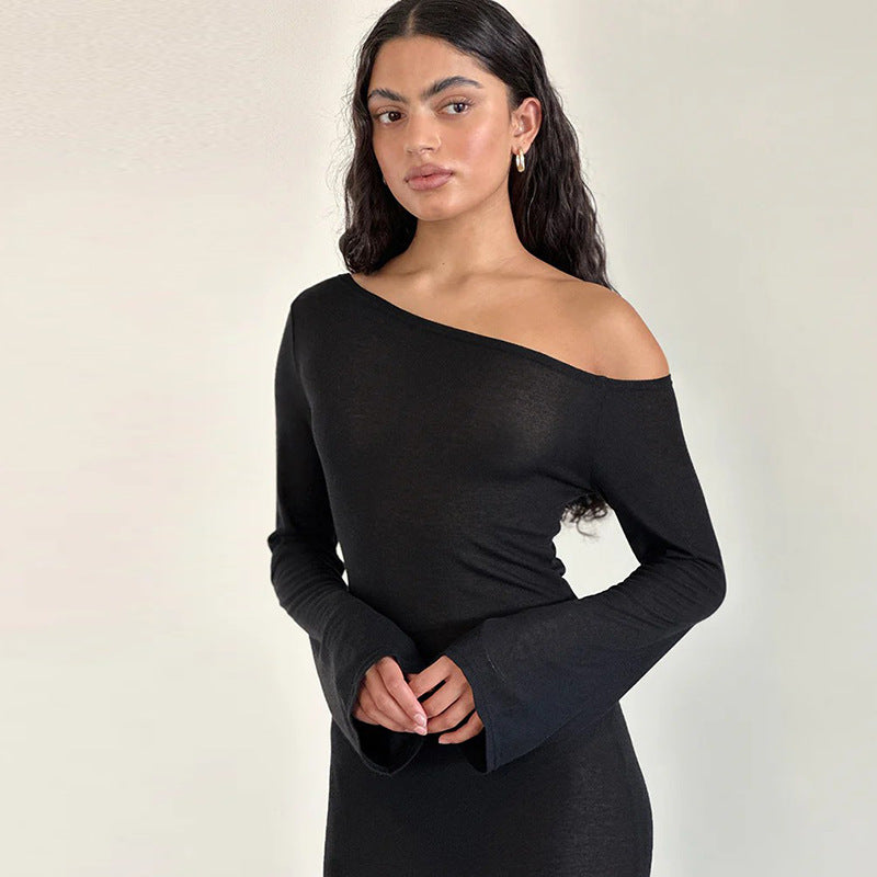 Elegant Oblique Shoulder Long Sleeve Solid Color Formal Dress
