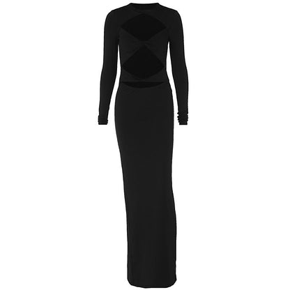 Hollowed out Solid Color Long Sleeve Slim Fit Cropped Dress
