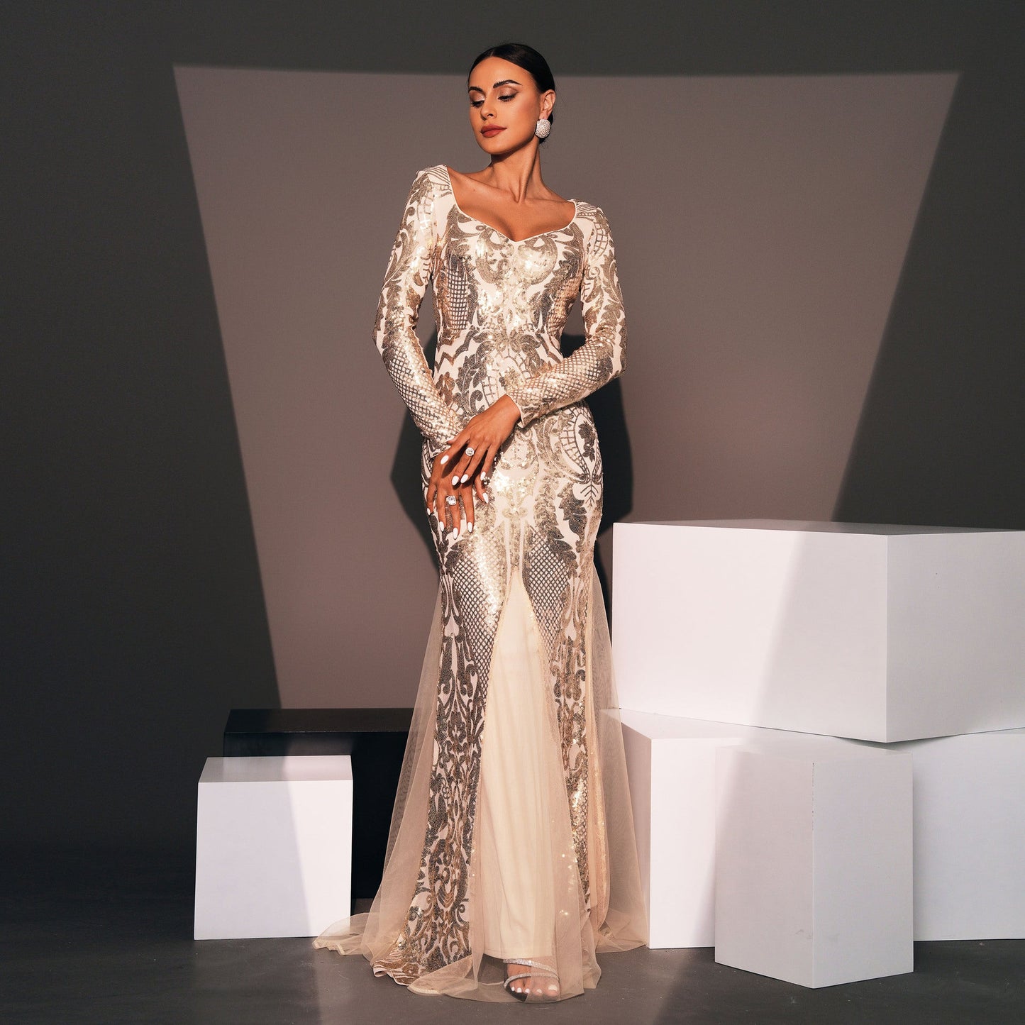 Long Sleeve Square Collar Long Sequin Stitching Cocktail Evening Dress Bridesmaid