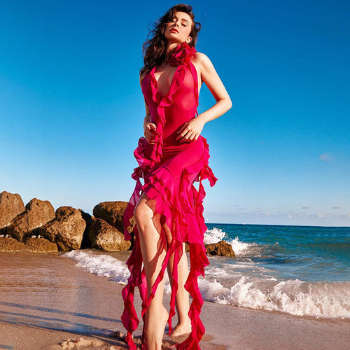 Multi Color Net Yarn Floral Ribbon Halter Ethnic Red Dress