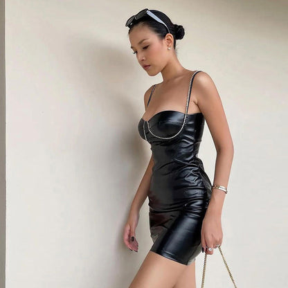 Leather Imitation Drill Chain  Slim Strap Sheath Dress