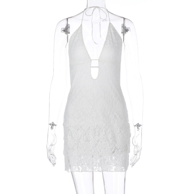 Hollow Out Cutout Out Tied Halter Lace Dress