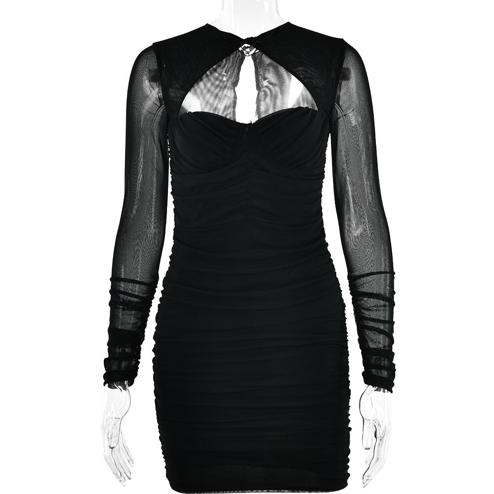 Hollow Out Cutout Low Cut Sheer Long Sleeve Skinny Hip Dress