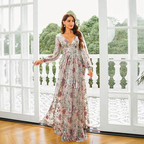 Long Sleeve V neck Long Sequined Cocktail Large Swing Evening Dress Bridesmaid