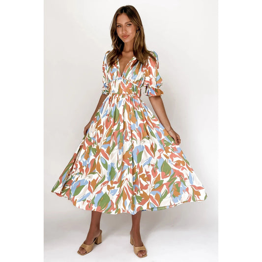 Digital Floral Print Fresh Sweet Mid-Length Dress